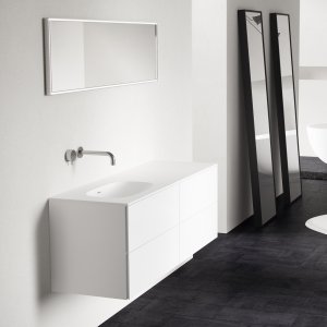 Block Soft 140L - Bathroom furniture 140x46 cm, Mathvid w/ SolidTec® sink on the left.